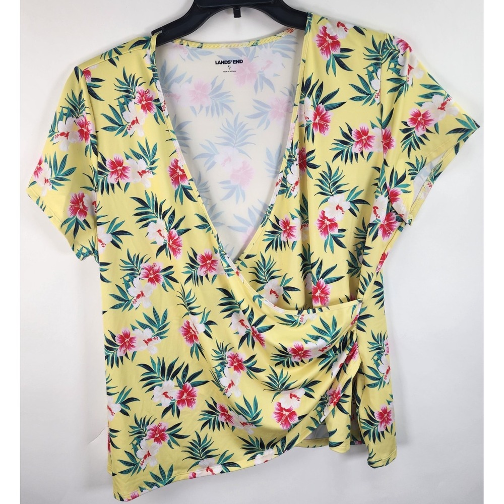 Land's End Wrap Front Top Women's XL Yellow Tropical Stretch Resort Wear Beachy